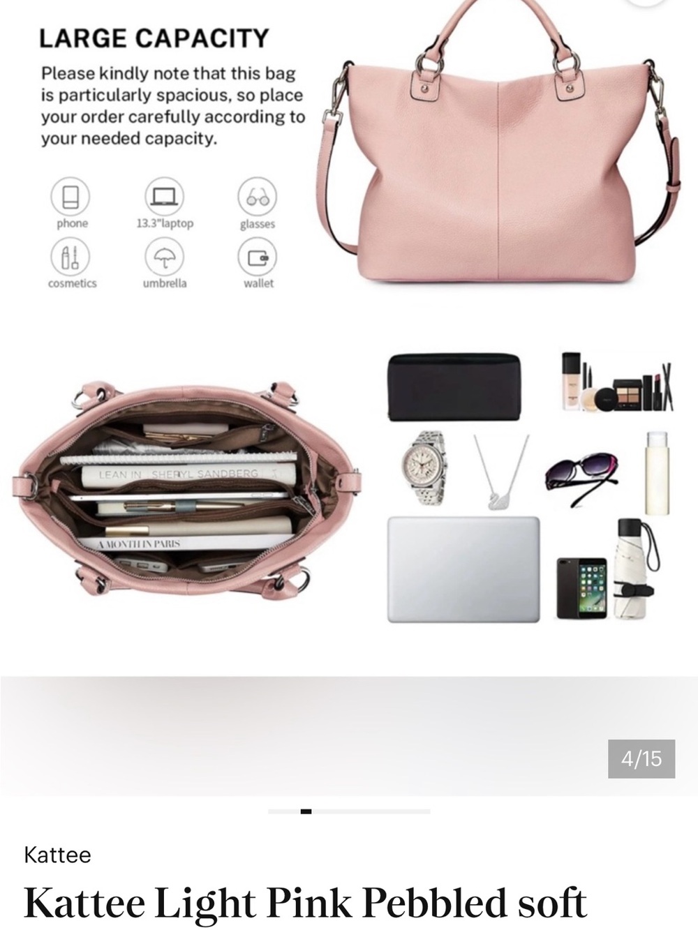 KATTEE ~Soft Pink Large Leather Tote Bag with Top Handles - Picture 6 of 7